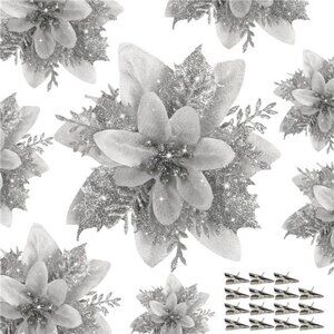 15 PCS Silver Poinsettia Flower Artificial Poinsettia with Clips Christmas Decor